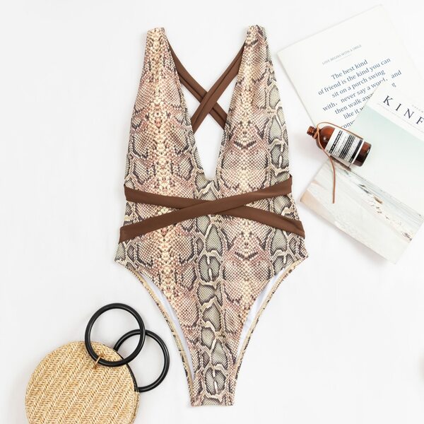 

Snakeskin Print Criss Cross One Piece Swimsuit, Coffee brown