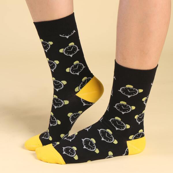 

Men Clock Print Crew Socks, Black