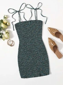Knot Strap Shirred Ditsy Floral Dress - Multicolor - View 1