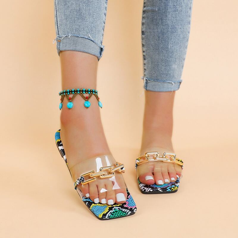 

Chain Clear Strap Slide Sandals, Multicolor