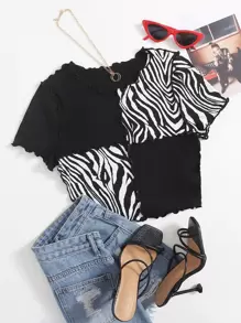 SHEIN EZwear 斑馬紋條紋小褶邊T恤 - 黑與白 - 查看 1