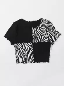 SHEIN EZwear 斑馬紋條紋小褶邊T恤 - 黑與白 - 查看 3