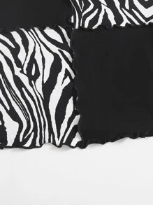 SHEIN EZwear 斑馬紋條紋小褶邊T恤 - 黑與白 - 查看 4