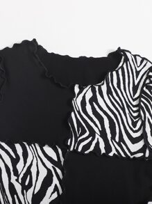 SHEIN EZwear 斑馬紋條紋小褶邊T恤 - 黑與白 - 查看 5