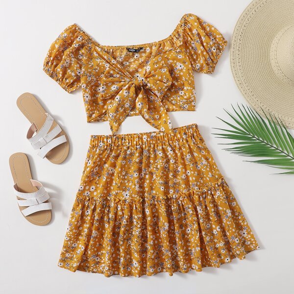 

Tie Front Ditsy Floral Top & Frill Trim Skirt Set, Mustard yellow