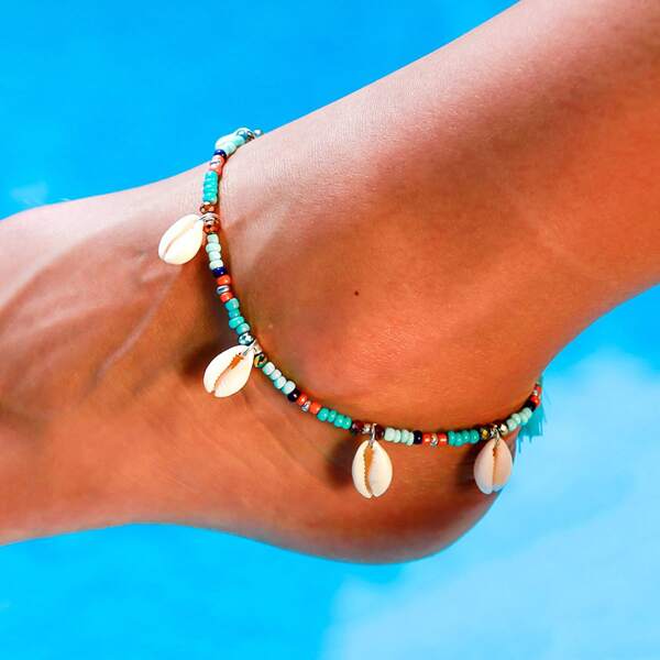 

Shell Charm Beaded Anklet, Multicolor