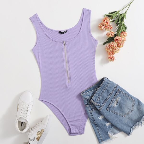 

Zipper Front Rib-knit Tank Bodysuit, Lilac purple