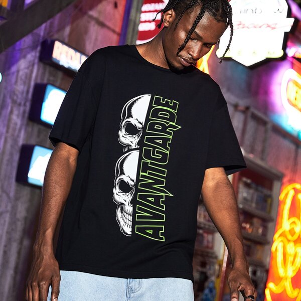 

Men Drop Shoulder Skull & Letter Print Tee, Black