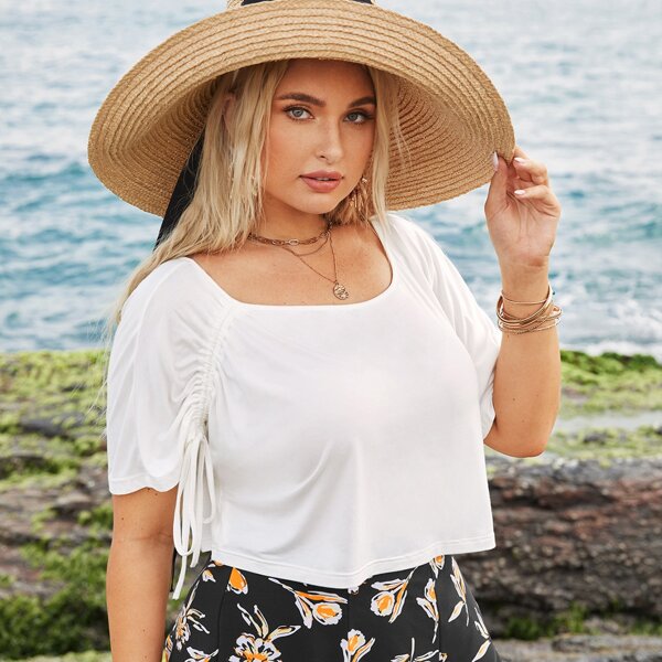 

Plus Drawstring Ruched Raglan Sleeve Crop Tee, White