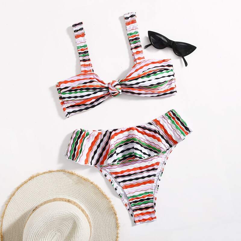 

Color Block Striped Knot Bikini Swimsuit, Multicolor