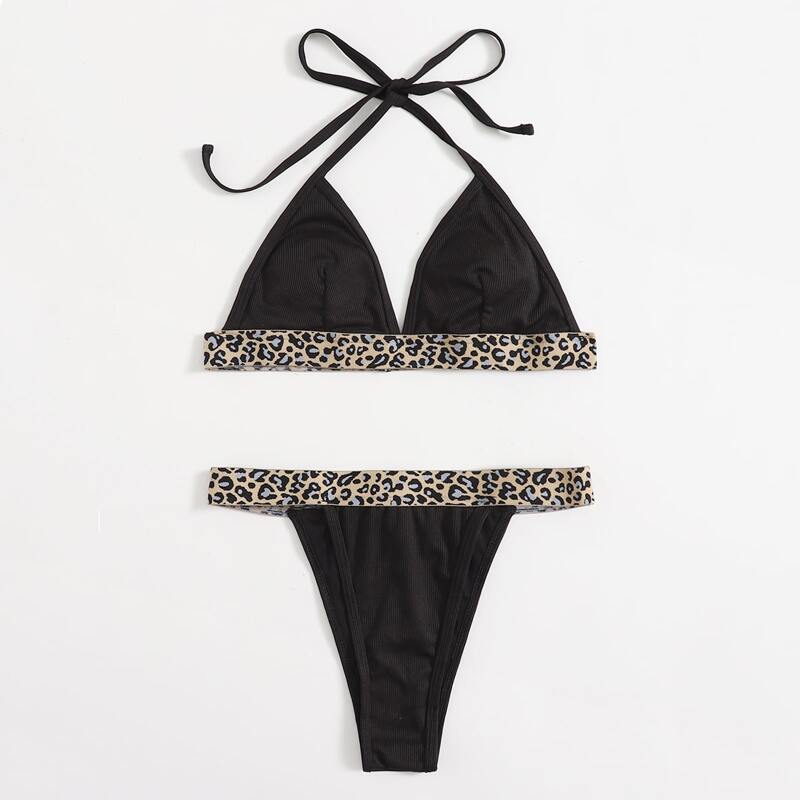 

Leopard Halter Bikini Swimsuit, Black