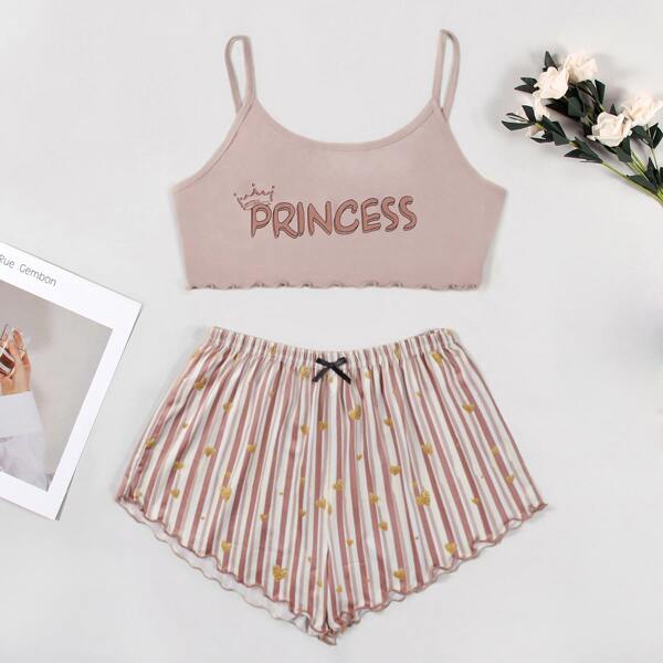 

Heart And Letter Graphic Lettuce Trim Cami Pajama Set, Dusty pink