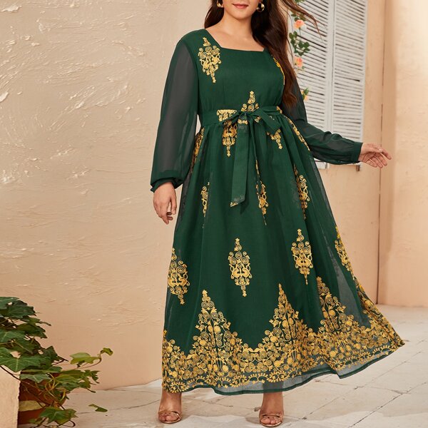 

Plus Square Neck Appliques Self Tie Dress, Dark green