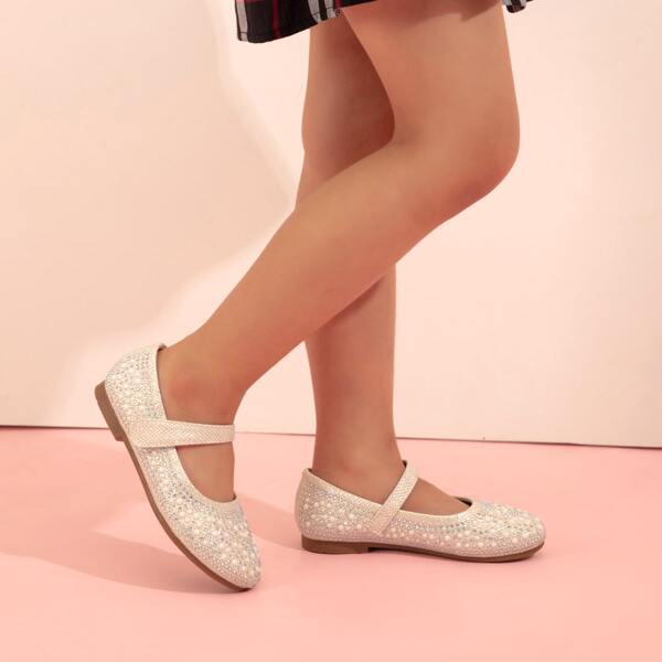 

Girl Rhinestone&Pearl Decor Mary Janes, White