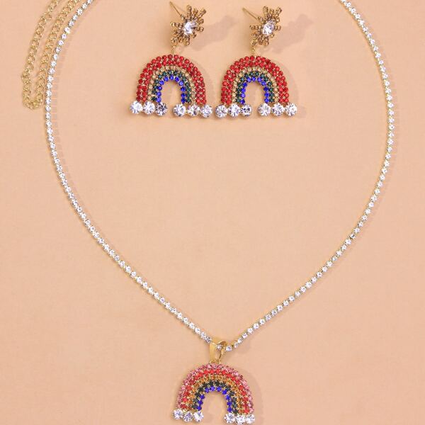 

Rhinestone Rainbow Charm Necklace & 1pair Drop Earrings, Gold