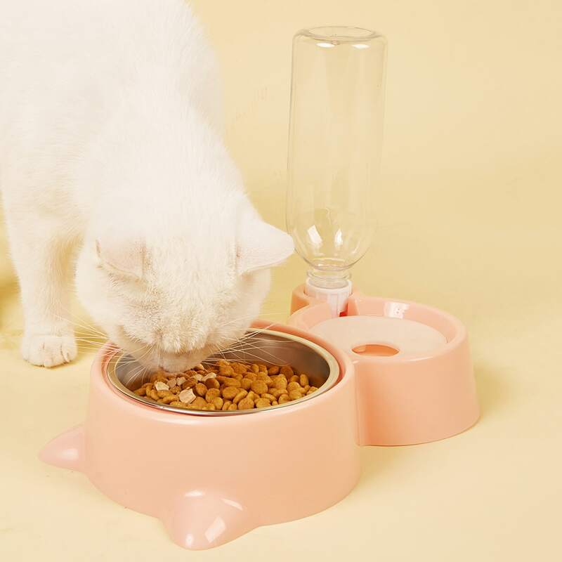 

1set Pet Bowl With Drinking Bottle, Pink