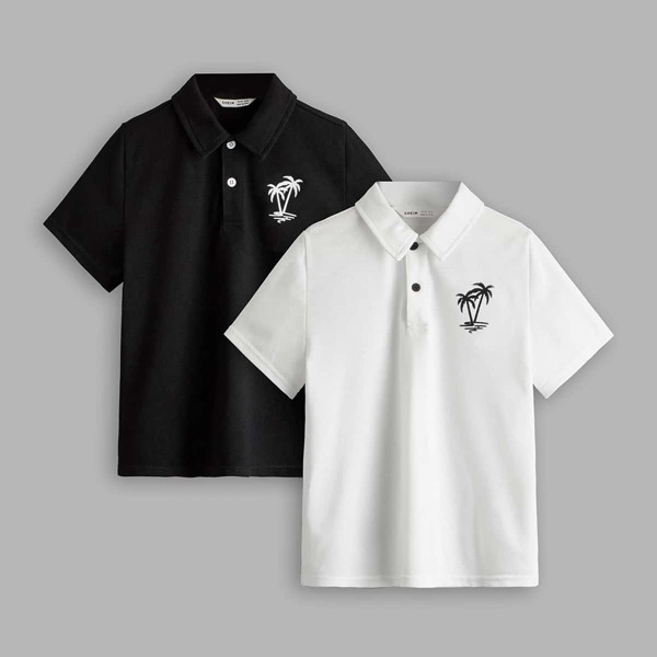 

Boys 2 Pack Coconut Tree Print Polo Shirt, Black and white