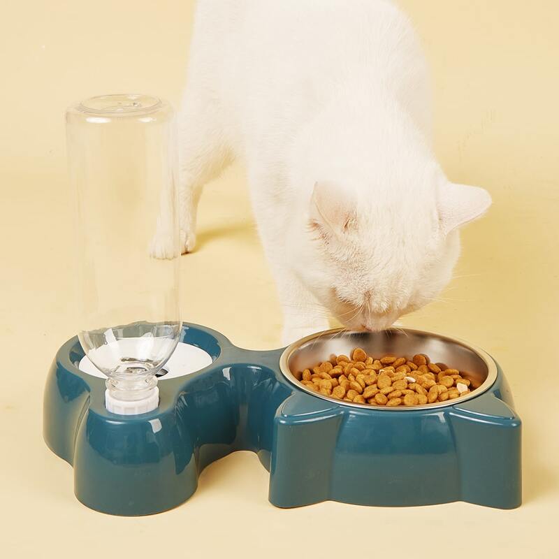 

1set Cat Ear Pet Bowl With Drinking Bottle, Blue