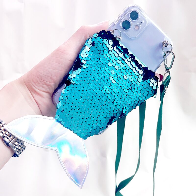 

1pc Mermaid Tail Decor Phone Case With 1pc Crossbody Lanyard, Green