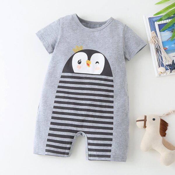 

Baby Boy Penguin & Striped Print Romper, Light grey