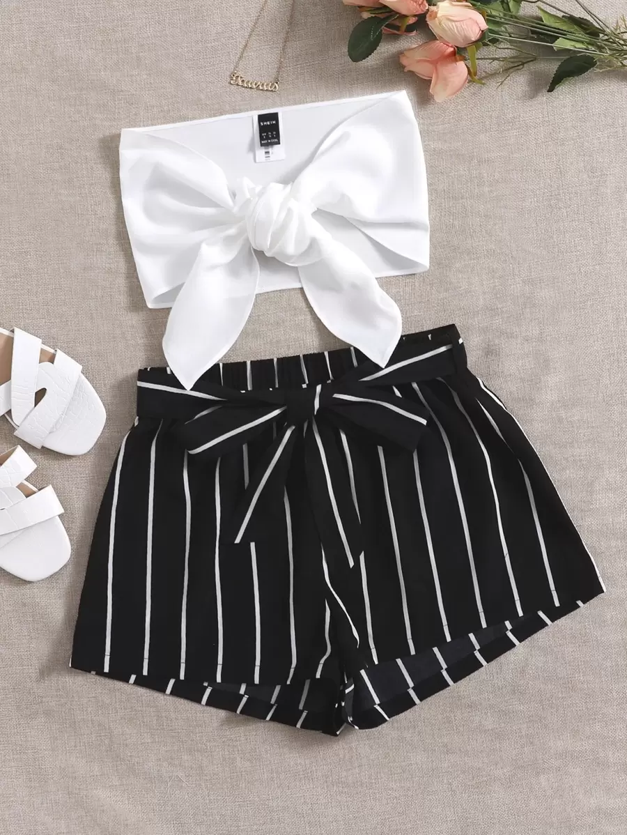 Soleia Tie Front Crop Tube Top & Striped Belted Shorts Set - Black and White - View 1