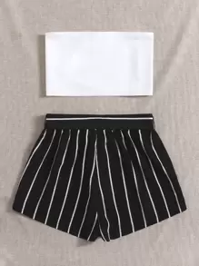 Soleia Tie Front Crop Tube Top & Striped Belted Shorts Set - Black and White - View 2