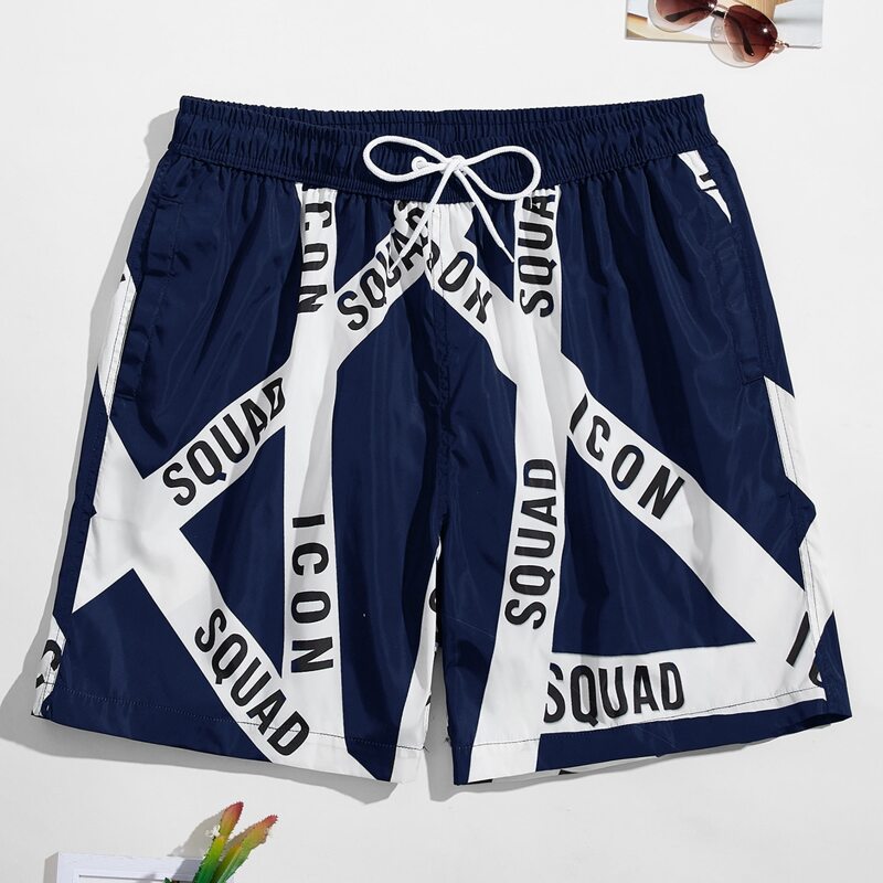 

Guys Letter Graphic Drawstring Waist Swim Trunks, Navy blue