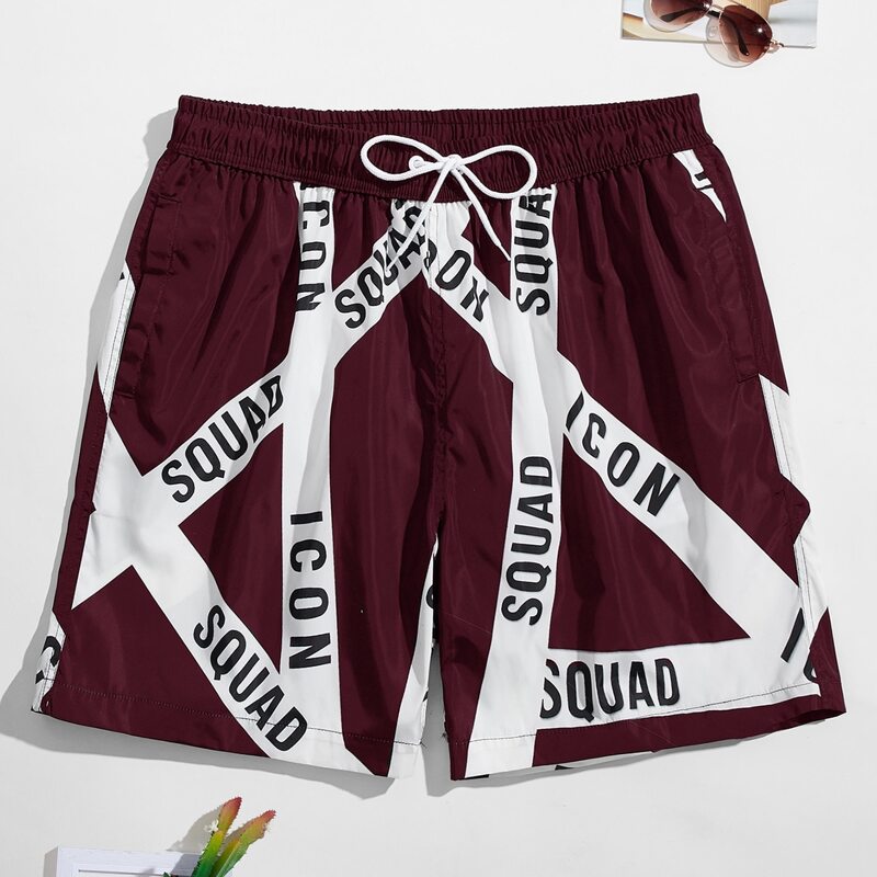 

Guys Letter Graphic Drawstring Waist Swim Trunks, Maroon