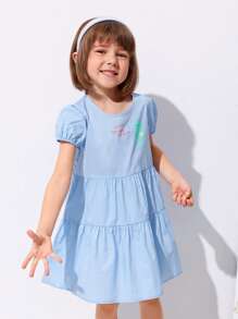 SHEIN 小女童海馬印花泡泡袖洋裝