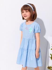 SHEIN 小女童海馬印花泡泡袖洋裝