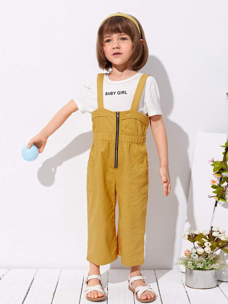 SHEIN Toddler Girls Zip Up Dual Pockets Overalls - Mustard Yellow - View 1