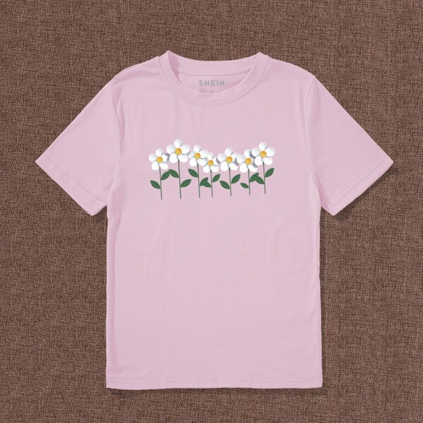

Floral Print Round Neck Tee, Baby pink