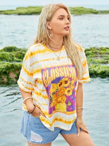 SHEIN EZwear Plus Letter and Sunflower Print Tie Dye Top - Multicolor - View 3