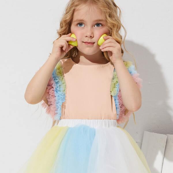 

Toddler Girls Keyhole Back Colorblock Mesh Frill Detail Top, Multicolor
