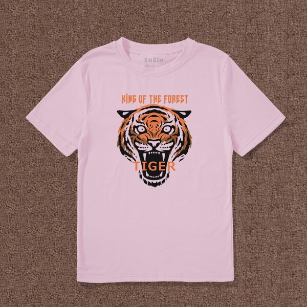 

Slogan And Tiger Print Tee, Baby pink