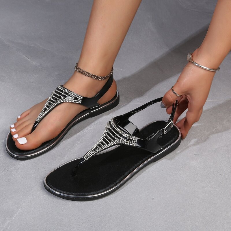 

Rhinestone Toe Post Thong Sandals, Black