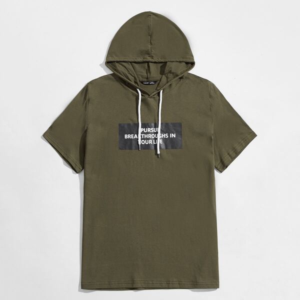 

Men Slogan Graphic Drawstring Hooded Tee, Army green