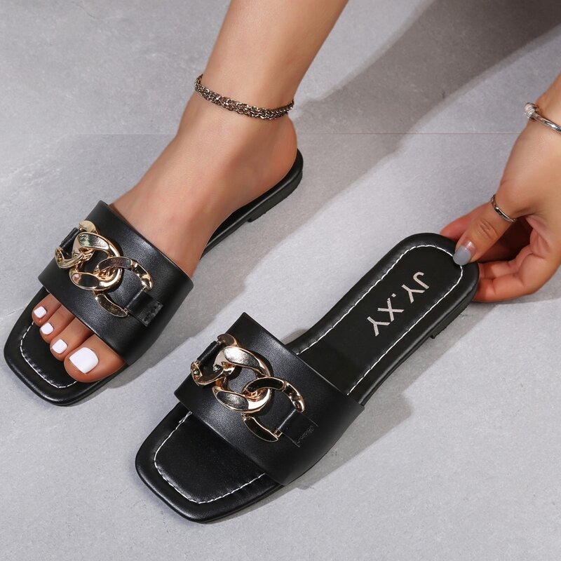 

Chain Wide Band Slide Sandals, Black