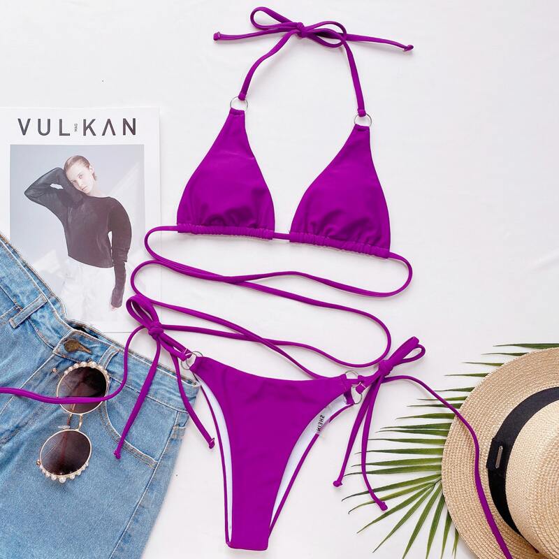 

Criss Cross Triangle Tie Side Bikini Swimsuit, Purple