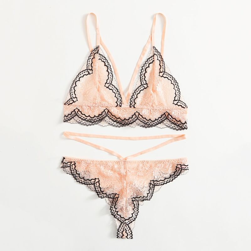 

Floral Lace Scallop Trim Lingerie Set, Pink