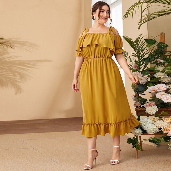 

Plus Cold Shoulder Knot Strap Ruffle Trim Dress, Mustard yellow