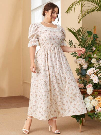 فستان بأطراف مكشكشة وشبك مطرز وزهور ديزي مقاس كبير