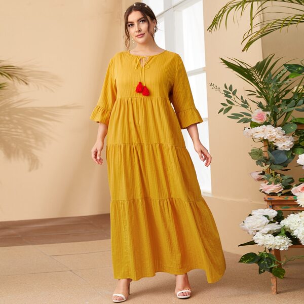 

Plus Tie Neck Smock Dress, Mustard yellow