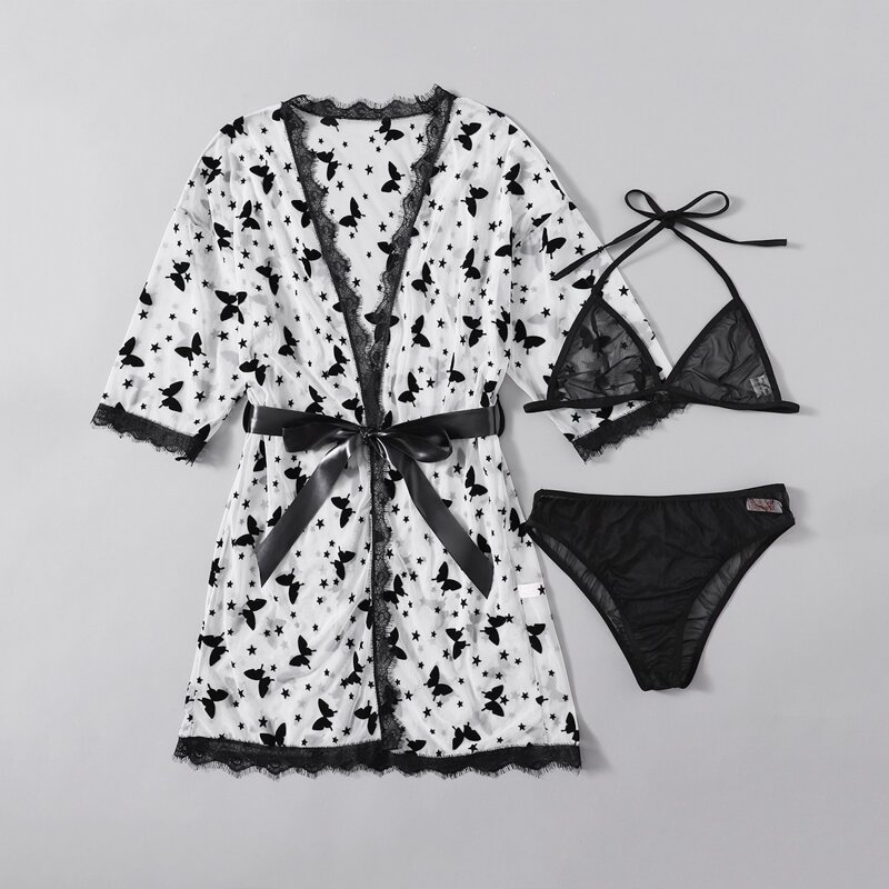 

3pack Mesh Lingerie Set With Butterfly Belted Robe, Black and white