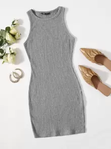 SHEIN Essnce Đầm Gân đan màu trơn Giải trí - Xám - Xem 1
