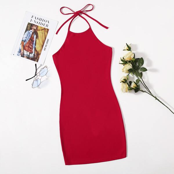 

Solid Halter Dress, Red