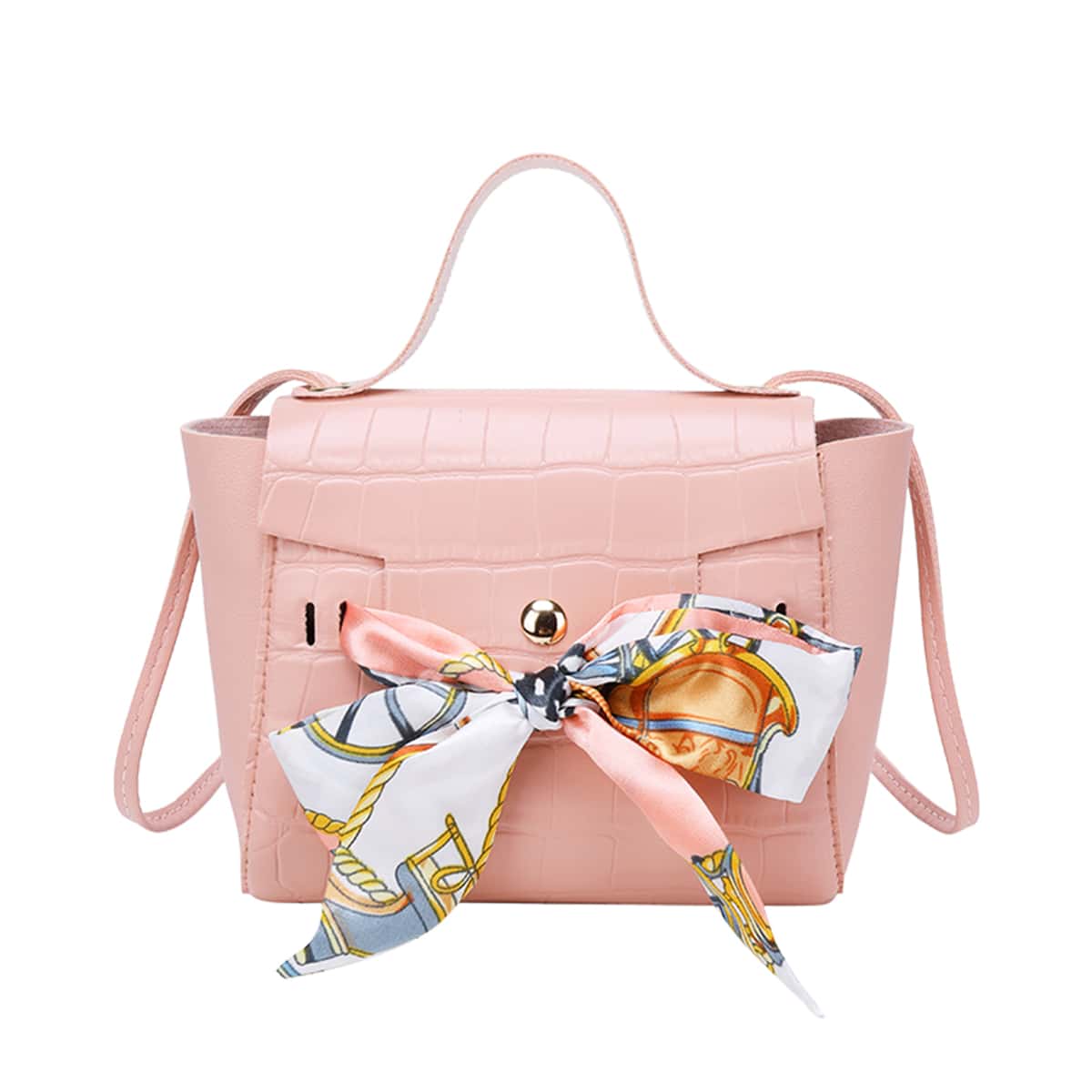 

Croc Embossed Bow Knot Satchel Bag, Pink