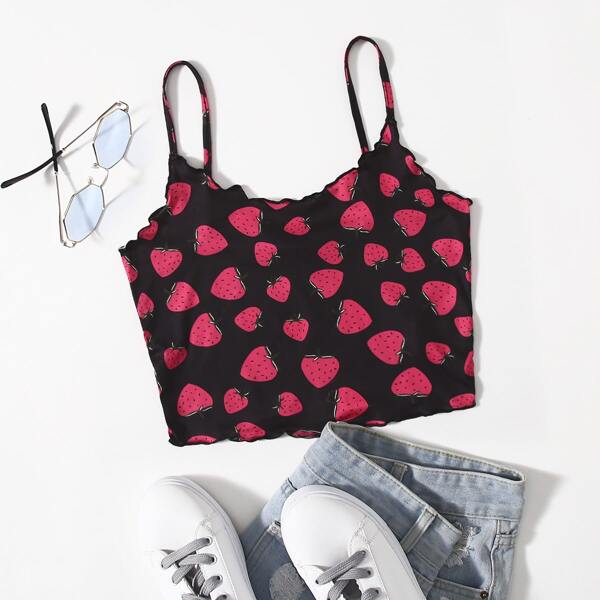 

Allover Strawberry Print Lettuce Trim Cami Top, Multicolor