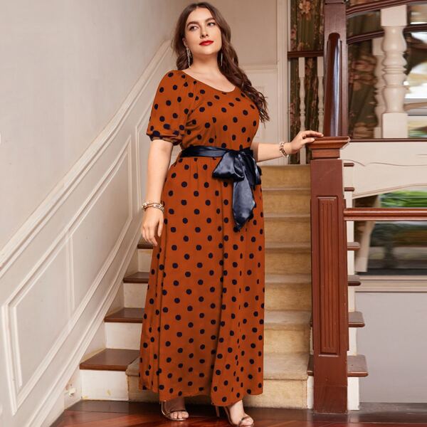 

Plus Polka Dot Puff Sleeve Belted Dress, Burnt orange