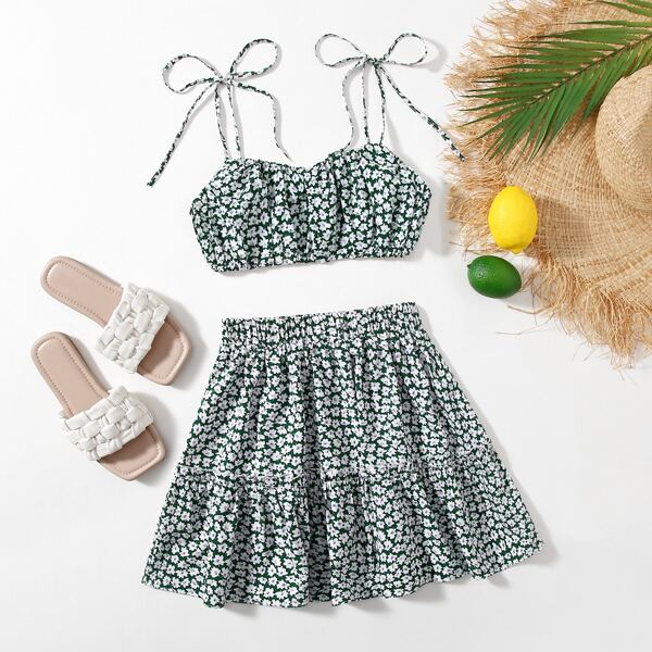 

Ditsy Floral Tie Shoulder Cami Top & Skirt Set, Multicolor